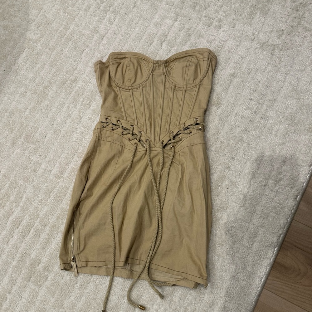PrettyLittleThing Strapless Corset Mini Dress in Khaki